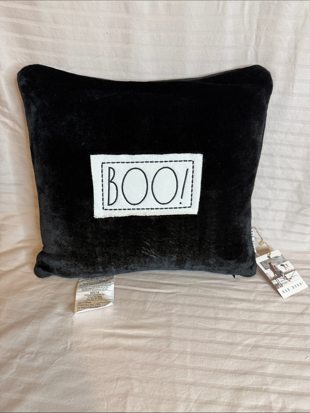 Rae Dunn Black Pillow with White BOO Patch